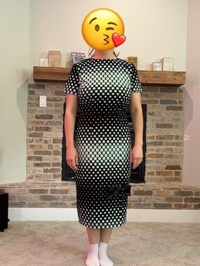 Tatyana Black and White Polka Dot Midi Sheath Dress with Bow